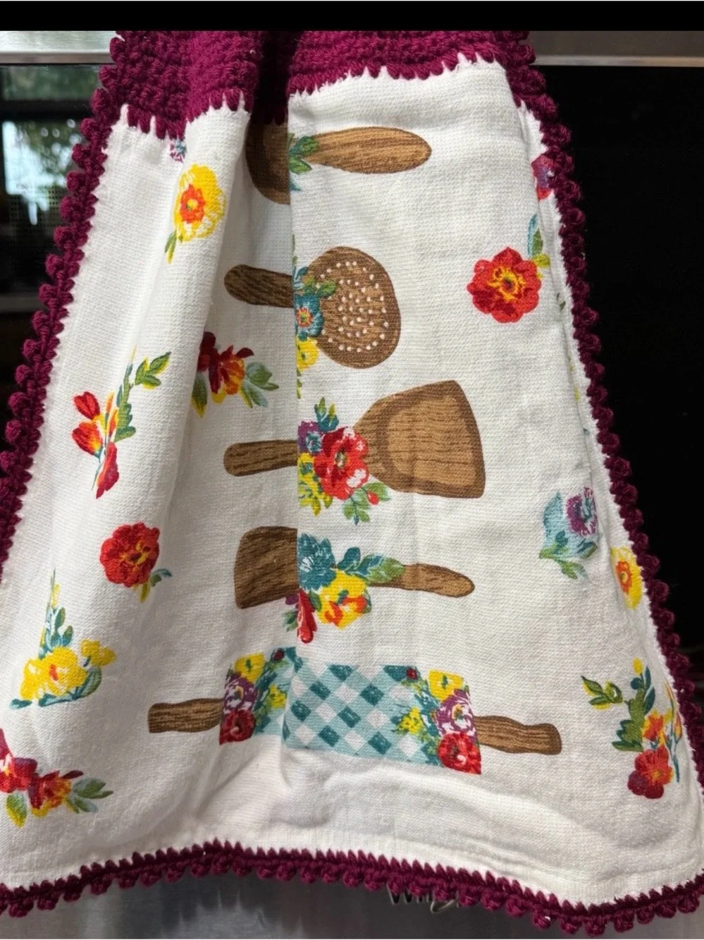 Handmade Crochet Hanging Kitchen Towel Burgundy Floral Utensils